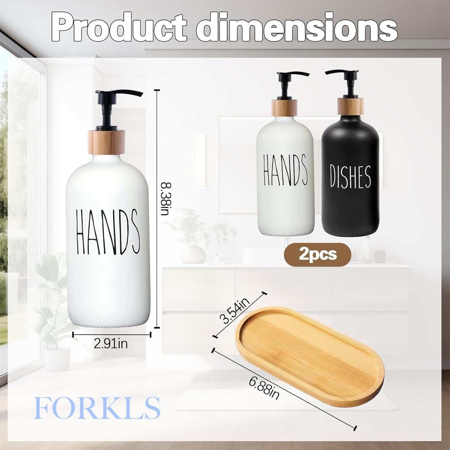 Glass Soap Dispenser Set for Kitchen, 2 Pack 500 Ml Refillable Hand Soap & Dish Soap Dispenser with Bamboo Tray, Modern Countertop Organizer for Sink and Bathroom, White & Black