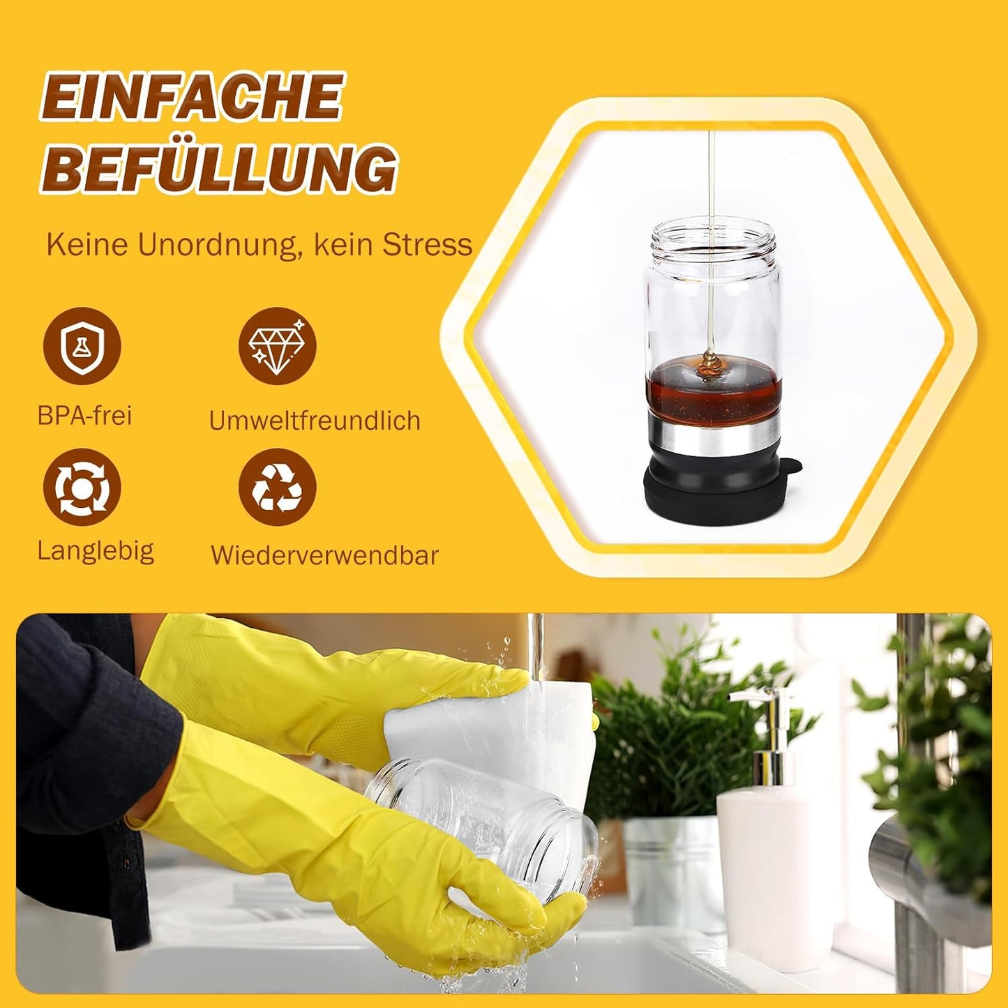Honigspender Glas, 9 Oz Tropfsicheres Honigglas Mit Griff, Tropfsicherer Glas-Honigspender Mit Halterung, Press-Typ Sirupspender, Haushaltsversiegeltes Glas, Sirupflasche, Marmeladenflasche (Schwarz)