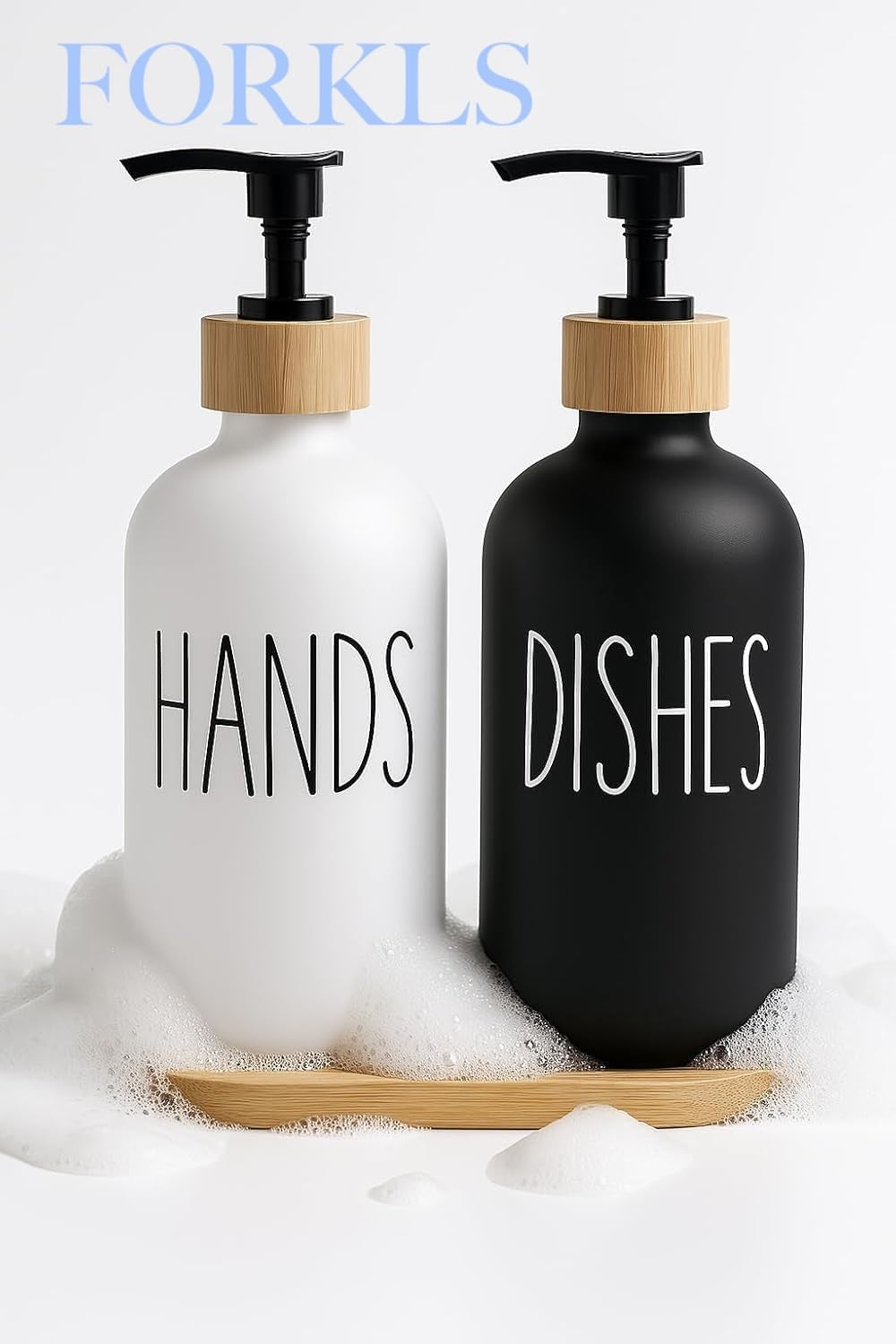 Glass Soap Dispenser Set for Kitchen, 2 Pack 500 Ml Refillable Hand Soap & Dish Soap Dispenser with Bamboo Tray, Modern Countertop Organizer for Sink and Bathroom, White & Black