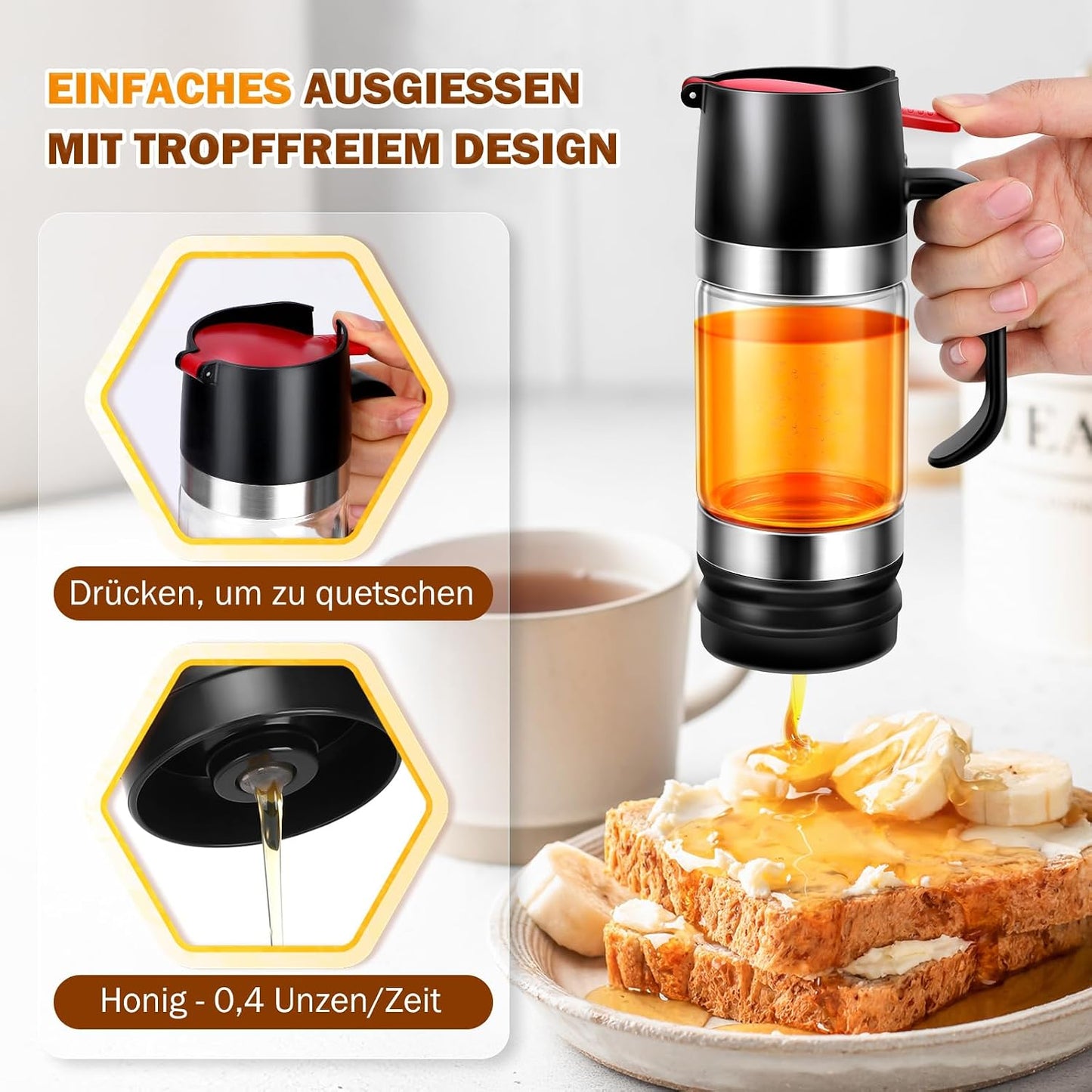 Honigspender Glas, 9 Oz Tropfsicheres Honigglas Mit Griff, Tropfsicherer Glas-Honigspender Mit Halterung, Press-Typ Sirupspender, Haushaltsversiegeltes Glas, Sirupflasche, Marmeladenflasche (Schwarz)