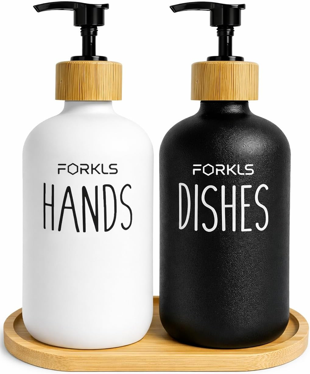Glass Soap Dispenser Set for Kitchen, 2 Pack 500 Ml Refillable Hand Soap & Dish Soap Dispenser with Bamboo Tray, Modern Countertop Organizer for Sink and Bathroom, White & Black