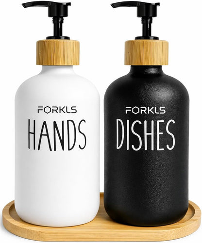 Glass Soap Dispenser Set for Kitchen, 2 Pack 500 Ml Refillable Hand Soap & Dish Soap Dispenser with Bamboo Tray, Modern Countertop Organizer for Sink and Bathroom, White & Black