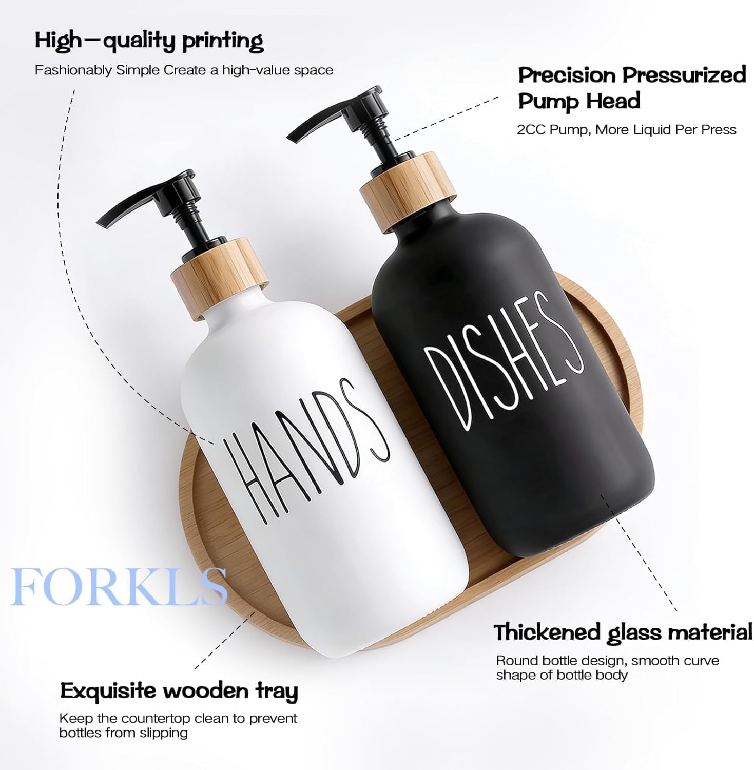 Glass Soap Dispenser Set for Kitchen, 2 Pack 500 Ml Refillable Hand Soap & Dish Soap Dispenser with Bamboo Tray, Modern Countertop Organizer for Sink and Bathroom, White & Black
