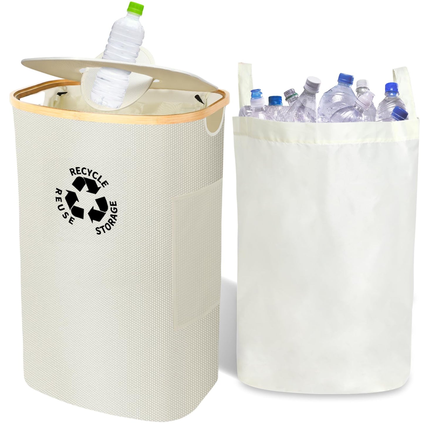 Recycling Container with Lid Deposit Bottle Storage Room Large Capacity, Beige