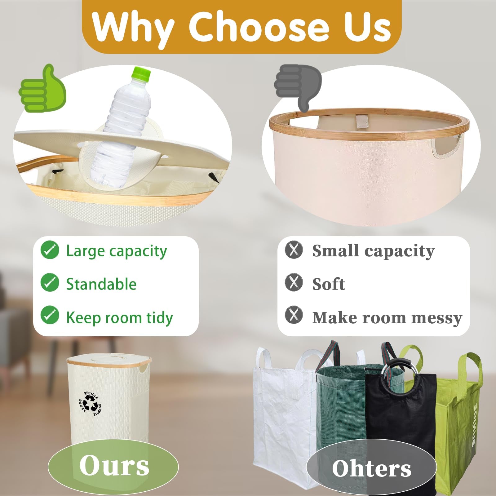 Recycling Container with Lid Deposit Bottle Storage Room Large Capacity, Beige