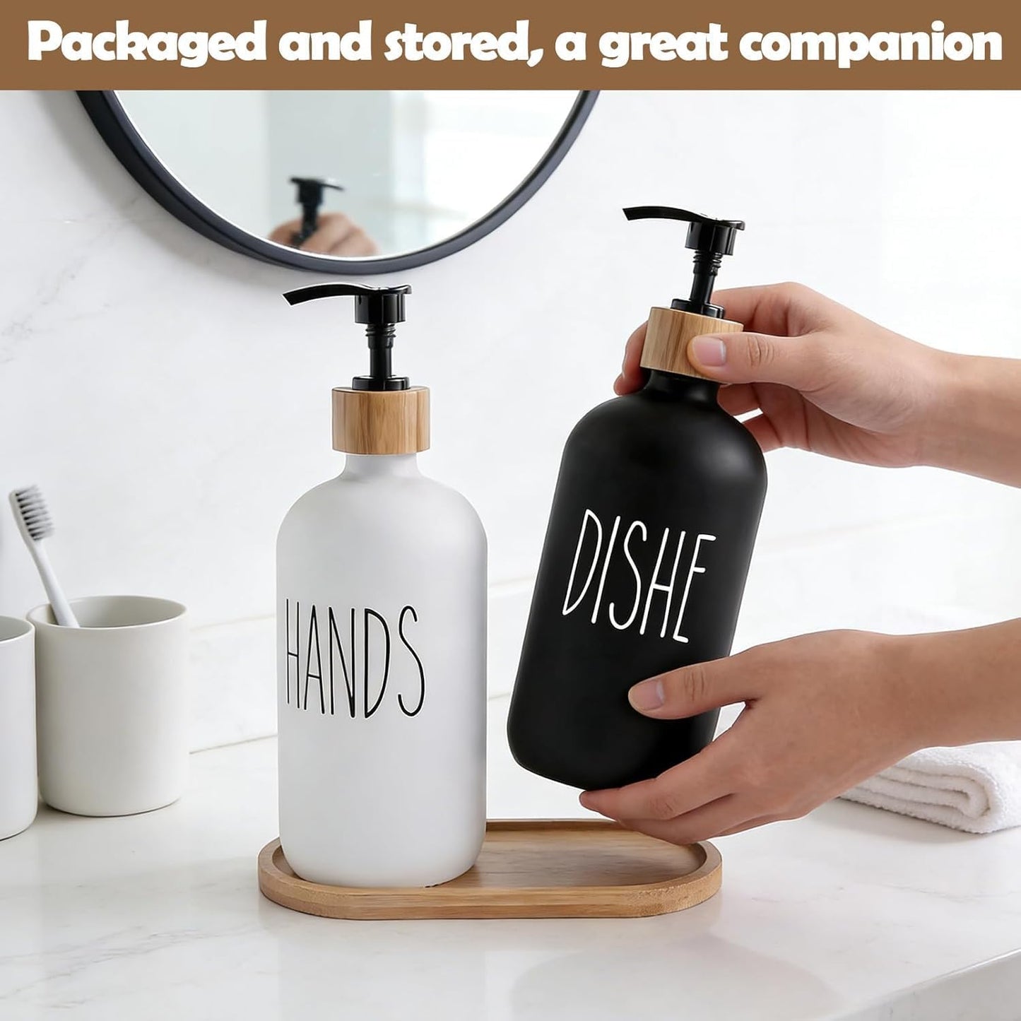 Glass Soap Dispenser Set for Kitchen, 2 Pack 500 Ml Refillable Hand Soap & Dish Soap Dispenser with Bamboo Tray, Modern Countertop Organizer for Sink and Bathroom, White & Black