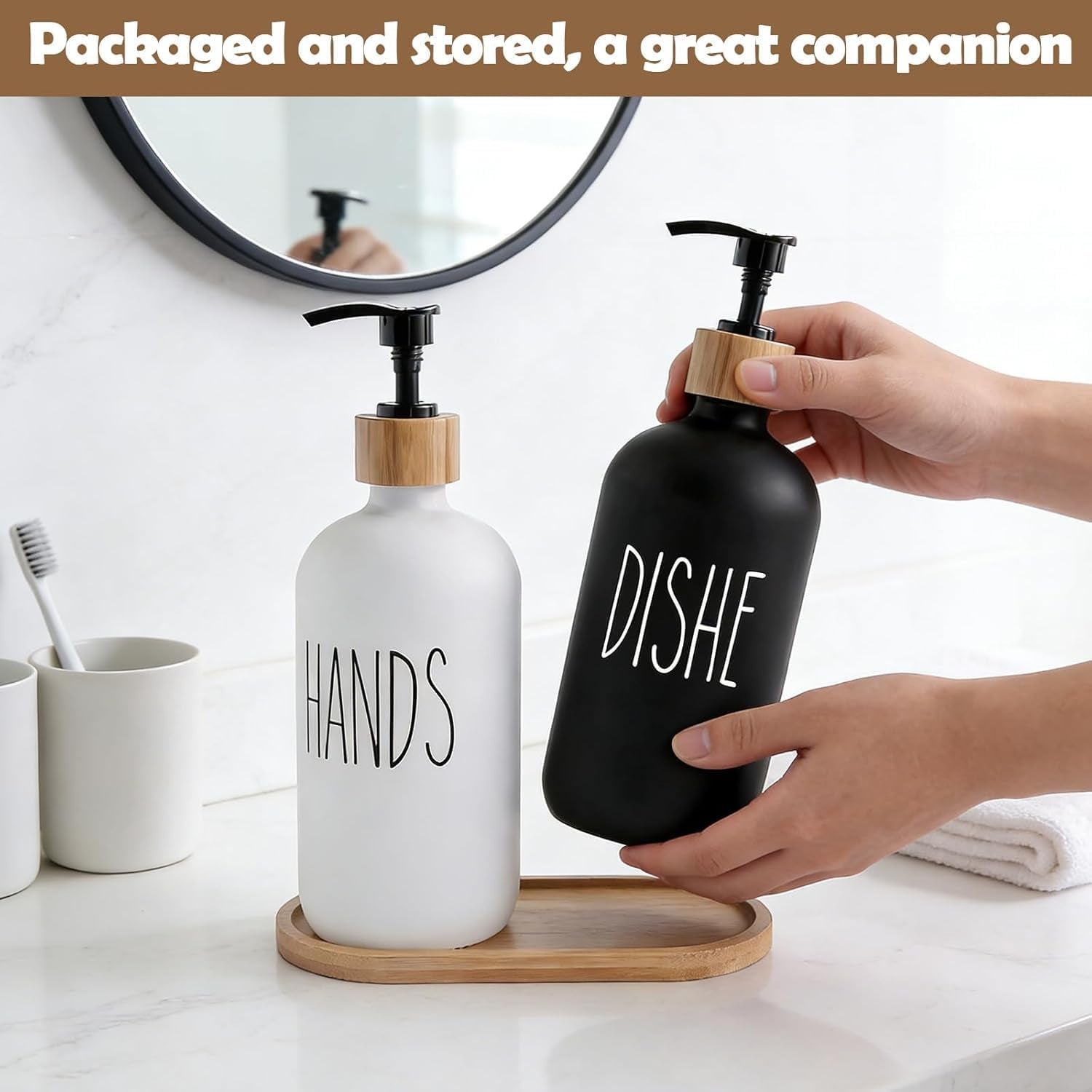 Glass Soap Dispenser Set for Kitchen, 2 Pack 500 Ml Refillable Hand Soap & Dish Soap Dispenser with Bamboo Tray, Modern Countertop Organizer for Sink and Bathroom, White & Black