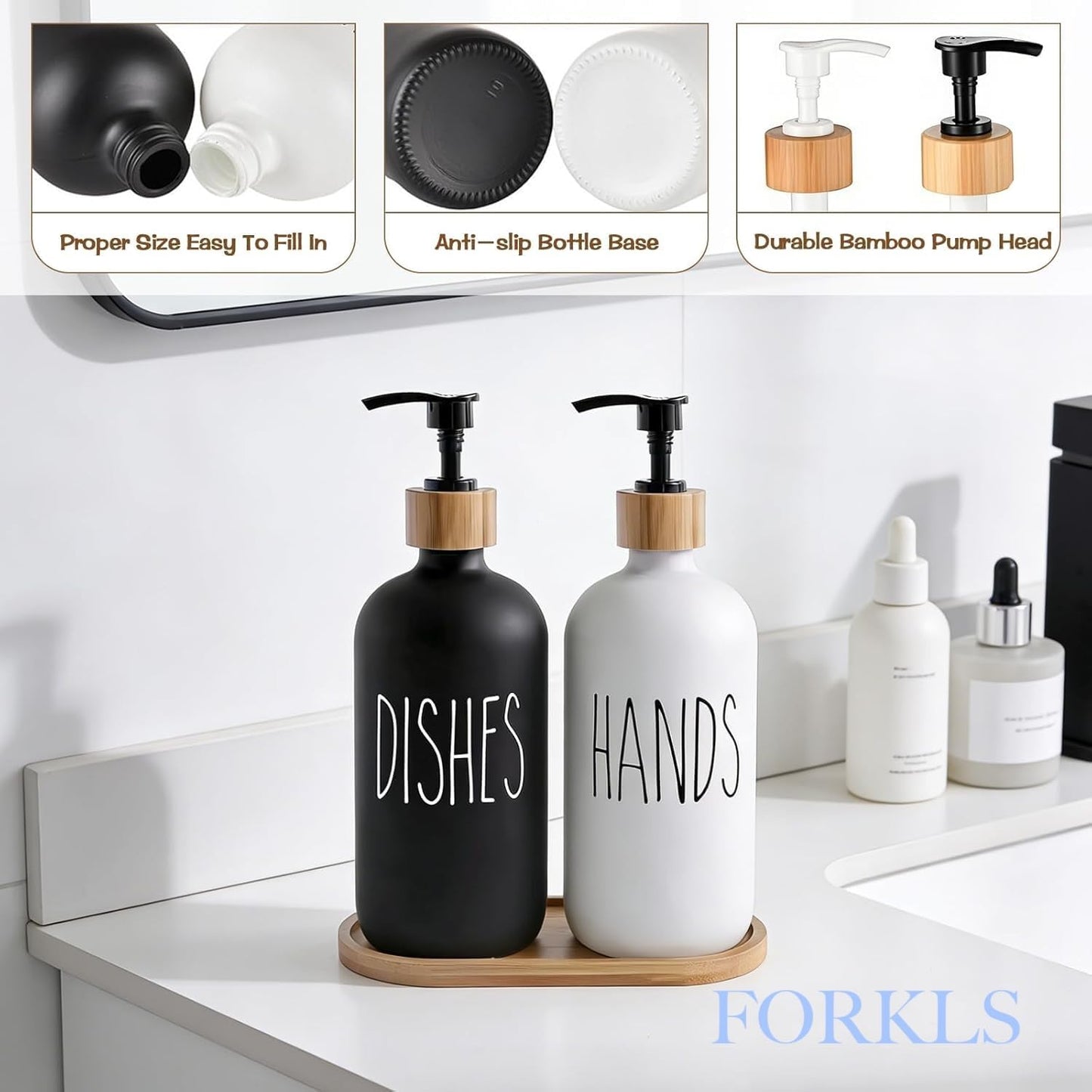 Glass Soap Dispenser Set for Kitchen, 2 Pack 500 Ml Refillable Hand Soap & Dish Soap Dispenser with Bamboo Tray, Modern Countertop Organizer for Sink and Bathroom, White & Black