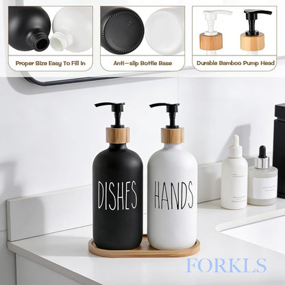 Glass Soap Dispenser Set for Kitchen, 2 Pack 500 Ml Refillable Hand Soap & Dish Soap Dispenser with Bamboo Tray, Modern Countertop Organizer for Sink and Bathroom, White & Black
