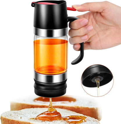 Honigspender Glas, 9 Oz Tropfsicheres Honigglas Mit Griff, Tropfsicherer Glas-Honigspender Mit Halterung, Press-Typ Sirupspender, Haushaltsversiegeltes Glas, Sirupflasche, Marmeladenflasche (Schwarz)