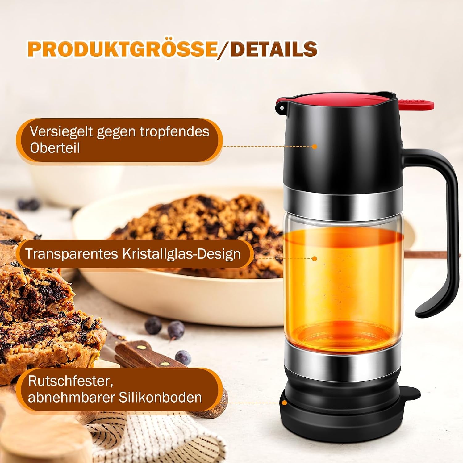 Honigspender Glas, 9 Oz Tropfsicheres Honigglas Mit Griff, Tropfsicherer Glas-Honigspender Mit Halterung, Press-Typ Sirupspender, Haushaltsversiegeltes Glas, Sirupflasche, Marmeladenflasche (Schwarz)