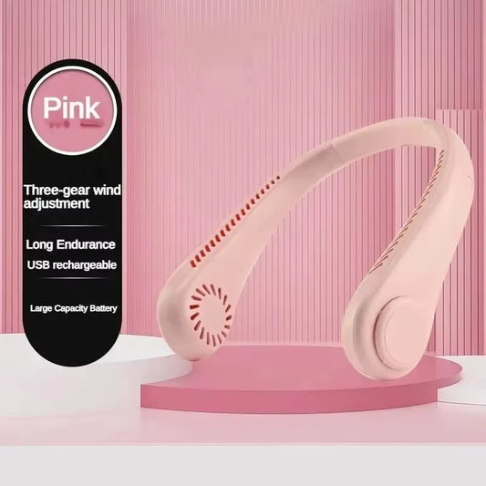 2025 Long Endur New Mini Neck Mounted Fan Portable Bladeless Neck Rechargeable Air Cooler 3 Speed Mini Summer Sports Fan Outdoor